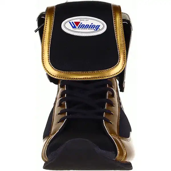 Winning RS-003 black-and-gold boxing shoes, front view